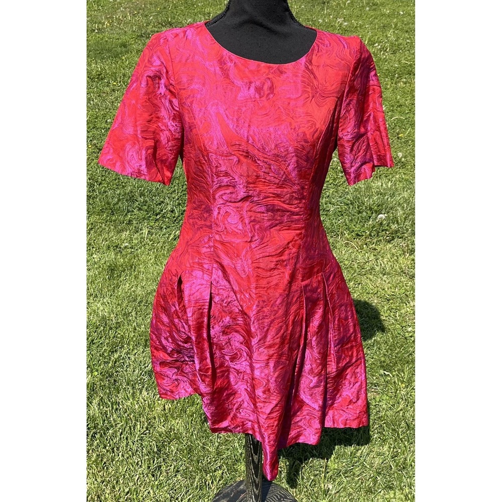 Bigio Collection Dress Womens 4 Red Fuchsia Metallic Jacquard Fit & Flare Short - Picture 3 of 16